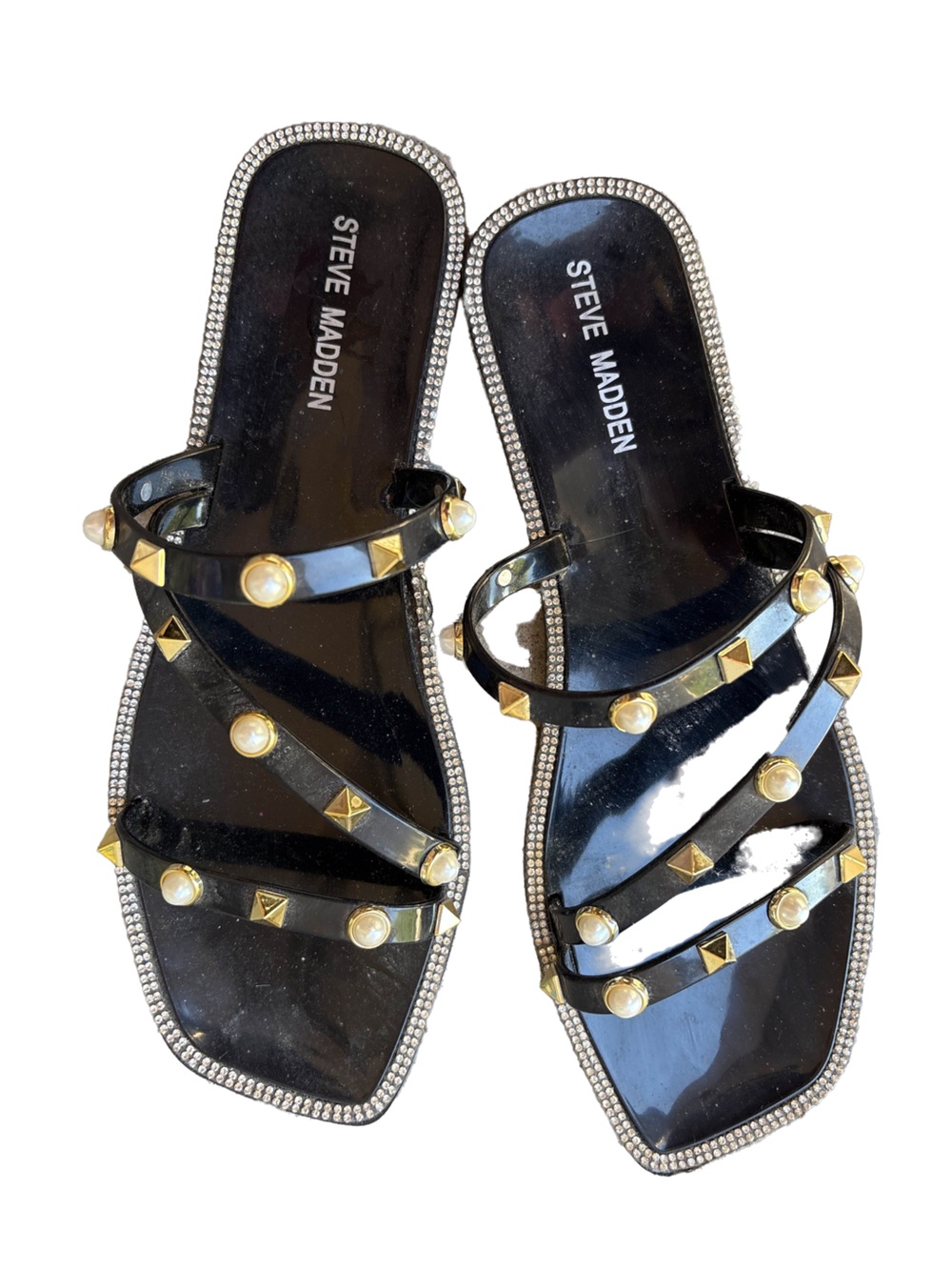 Steve Madden Black Patent Pearl & Gold Stud Slide Sandals